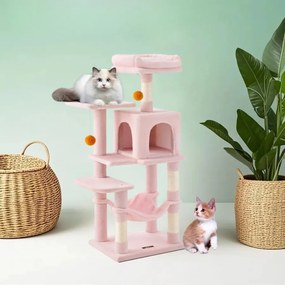 Arranhador para gatos com vários andares, com caverna, rede e 4 troncos para arranhar 45 x 35 x 112 cm rosa