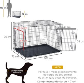 Gaiola para Cães Pequenos Gaiola para Animal de Estimação Dobrável com 2 Portas Alça de Transporte Bandeja Removível Aço 106x71x76cm Preto
