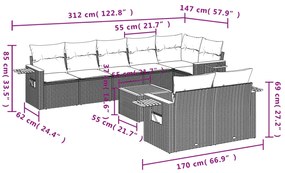 9 pcs conjunto de sofás p/ jardim c/ almofadões vime PE preto