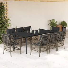 9 pcs conjunto de jantar p/ jardim c/ almofadões vime PE cinza