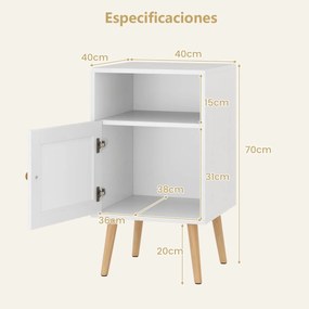 Mesa cabeçeira ou mesa Apoio com Estante Aberta e Porta Decorada em Rattan PE para Quarto Sala de Estar 40 x 39 x 70 cm Branco