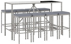 9 pcs conjunto de bar p/ jardim c/ almofadões vime PE cinzento