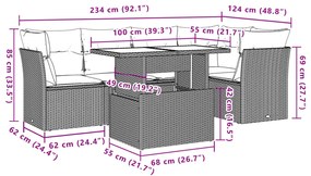 6 pcs conjunto de sofás jardim c/ almofadões vime PE castanho