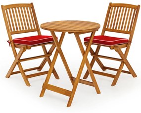 Conjunto 5 Peças Móveis Bistro de Madeira 2 Cadeiras com Almofada Mesa de Madeira de Acácia Mesa de Exterior Dobrável para Terraço Jardim Piscina Verm