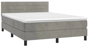 Cama box spring c/ colchão/LED 140x190 cm veludo cinzento