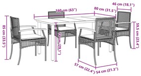 5 pcs conjunto de jantar p/ jardim c/ almofadões vime PE cinza