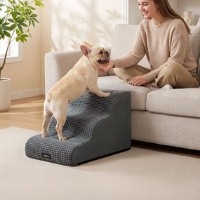 Escada animais estimação 57 x 40 x 40 cm em espuma resistente à água e antiderrapante com três degraus, cinzento ardósia
