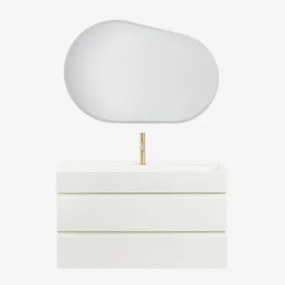 Conjunto De Móvel De Casa De Banho Suspenso Em Madeira E Folha De Freixo Com Lavatório Integrado Ona Branco & Oval Led E Anti-embaciamento 100x80 Cm R