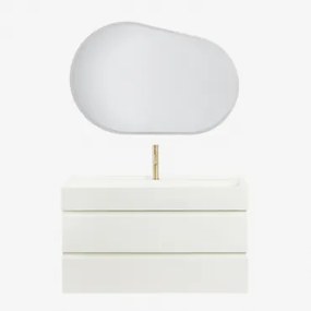 Conjunto De Móvel De Casa De Banho Suspenso Em Madeira E Folha De Freixo Com Lavatório Integrado Ona Branco & Oval Led E Anti-embaciamento - Sklum