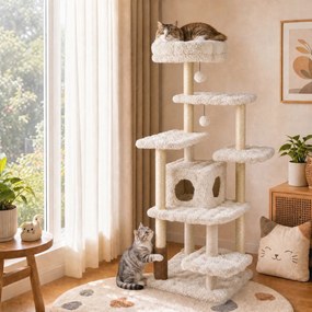 Arranhador para Gatos com Vários Níveis, 86 x 82 x 170 cm, Seis Plataformas e Casota, Bege