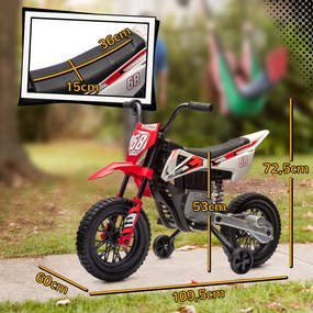 Mota Elétrica para Crianças com Bateria 12V Música Velocidade 2,4-5 km/h e Rodas Auxiliares 107x56x70 cm Vermelho