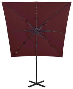 Guarda-sol de jardim com poste e luzes LED 250 cm bordô