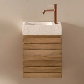 Conjunto De Móveis De Banheiro Em Madeira Teca Com Pia Integrada Em Cimento Napier Madeira De Teca & Sem Espelho & Ouro Rousa ↑20 - Sklum