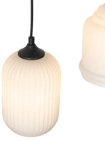 Candeeiro suspenso Art Déco preto com vidro opalino 8 luzes - Hanne Art Deco