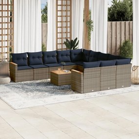 vidaXL 12 pcs conjunto sofás p/ jardim c/ almofadões vime PE cinzento