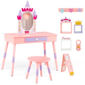 Conjunto toucador meninas tema castelo com gaveta e capa removível, diversos acessórios para meninas rosa Rosa
