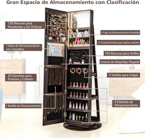 Armario Jóias rotativo 360° com luzes LED Espelho de corpo inteiro Estantes 54,5 x 161 cm Café