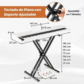 Piano digital de 88 teclas tamanho real com teclas semi-contrapesadas, altifalantes duplos, modo de teclado duplo e 3 pedais, suporte ajustável para p
