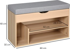 Banco para sapatos com 2 níveis de arrumação 80 (L) x 30 (P) x 48 (A) cm, compartimentos abertos + baú integrado com almofada bege-cinzenta
