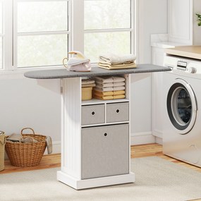 Móvel para Engomar Roupa com Rodas Tábua de Engomar Dobrável com 3 Gavetas Compartimento Aberto 121x37x89,5 cm Branco