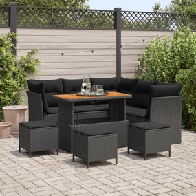 Conjunto de Sofá de Jardim de 9 Peças com Almofadas Preto Rattan Polié