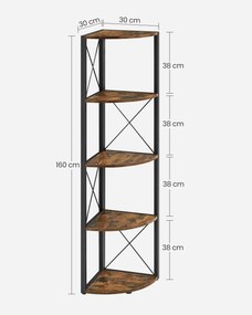 Estante de canto com 5 níveis de montagem fácil 30 x 30 x 160 cm castanho vintage e preto