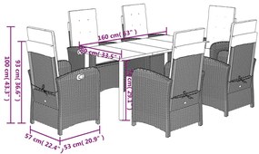 7 pcs conjunto de jantar p/ jardim c/ almofadões vime PE preto