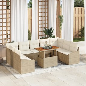 vidaXL Conjunto de Jantar de Jardim de 10 Peças com Almofadas Bege em Vime PE e Acácia