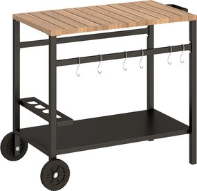 Outsunny Carrinho de Churrasco de 2 Níveis Mesa Auxiliar para Churrasco Móvel com Rodas Porta-bebidas Ganchos Pega Preto e Castanho | Aosom Portugal