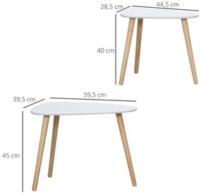 Conjunto de 2 Mesas Auxiliares com Pés de Madeira Mesas de Café para Sala de Estar Dormitório Escritório 59,5x39,5x45cm e 44,5x28,5x40cm Branco