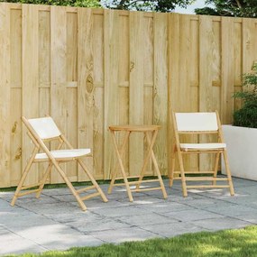 vidaXL 3 pcs conjunto bistrô dobrável c/ almofadões branco nata bambu
