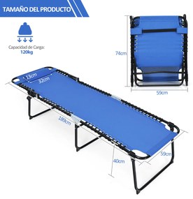 Espreguiçadeira de praia dobrável portátil Cadeira reclinável com encosto ajustável em 4 posições para campismo Pátio Piscina 189 x 59 x 40 cm Azul