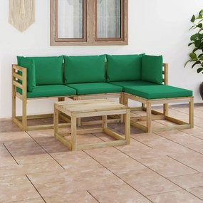 5 pcs conjunto lounge de jardim com almofadões verdes