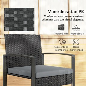 Conjunto de Móveis de Jardim de 3 Peças em Vime PE com Cadeiras Mesa de Vidro Temperado e Almofadas Cinza Claro