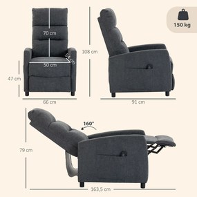 Poltrona de Massagem Reclinável com Apoio para Pés 2 Zonas de Massagem Encosto Alto Bolsos Estofada em Chenille Cinzento