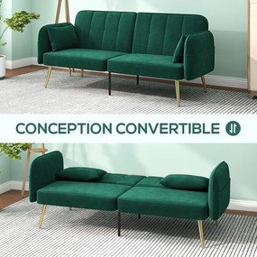 Sofá-cama de 2 lugares, 180 x 74 x 79,5 cm em tecido de veludo com encosto ajustável, verde escuro