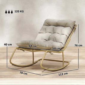 Cadeira de baloiço de jardim com almofada macia, 125 cm de comprimento e 64 cm de largura, em aço e textilene bege e dourado
