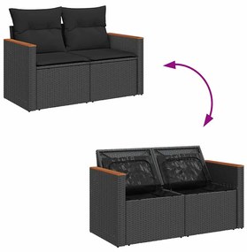 8 pcs conjunto sofás de jardim com almofadões vime PE preto