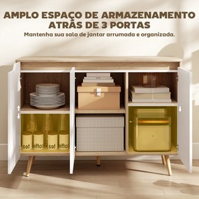 Aparador de Sala com 3 Portas Prateleiras Ajustáveis Pernas de Madeira para Cozinha Entrada 107x35x76,5 cm Carvalho e Branco