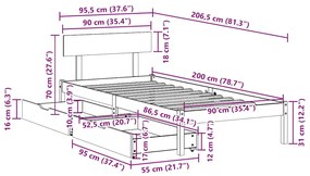 Cama sem colchão 90x200 cm madeira de pinho maciça