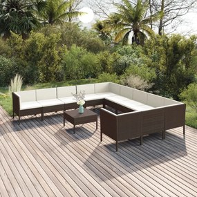 vidaXL 12 pcs conjunto lounge jardim c/ almofadões vime PE castanho