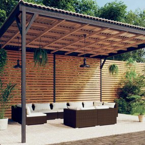 vidaXL 9 pcs conjunto lounge jardim c/ almofadões vime PE castanho