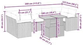8 pcs conjunto de sofás p/ jardim com almofadões vime PE bege