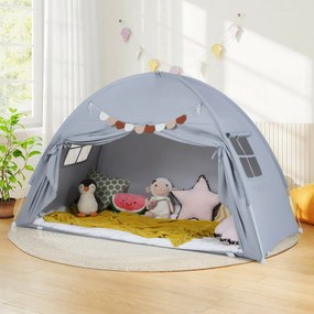 Tenda dobrável e portátil brincar para crianças 201 x 100 x 122 cm com 2 janelas e bandeiras para beliches duplos Cinzenta