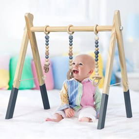 Ginásio Bebé com Brinquedos de Dentição Estimulação Sensorial de Desenvolvimento Cerebral Ginásio de Madeira Dobrável para Crianças + 3