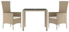3 pcs conjunto de jantar p/ jardim com almofadões vime PE bege