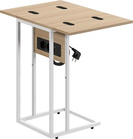 HOMCOM Mesa Auxiliar com Estação de Carga com Tampo Dobrável e Pés Ajustáveis 39x29x57 cm Branco e Madeira | Aosom Portugal