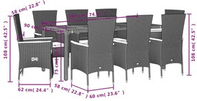 7 pcs conjunto de jantar p/ jardim c/ almofadões vime PE preto