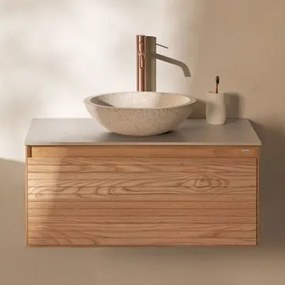 Conjunto De Móvel De Casa De Banho Suspenso Em Madeira De Freixo Tedrik Castanho Fresno & Cimento Redondo Branco Ø40 Cm Zavion & Sem Espelho - Sklum