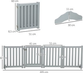 Barreira de segurança dobrável para cães  205 x 60 cm, de madeira, de dupla face, com 4 painéis e porta, pés de apoio, 205 x 60 cm, cinzenta
